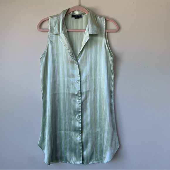 Halston Vintage Button Front Tunic Tank Top Green Stripe Satin Feel Size Medium - Picture 1 of 6